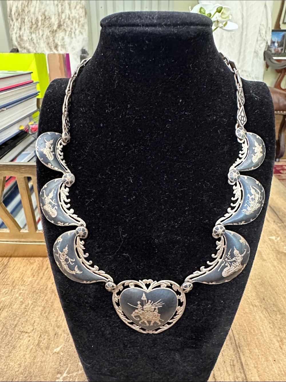 Handcrafted Silver-Tone Blue Heart Necklace with Etched Panels